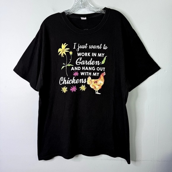 Garden Chickens Floral Bohemian Black Graphic Short Sleeve T-Shirt Women's Sz XL - Picture 1 of 11